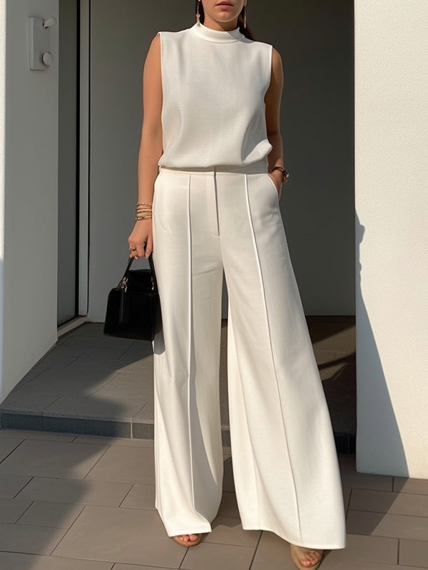 Pantalon taille haute, à jambes larges, couleur unie