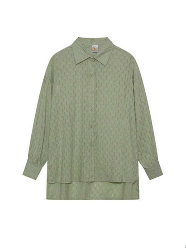 Ensemble deux pièces boutonné à ourlet plongeant, à manches longues, en jacquard, à col revers, couleur unie – chemise + haut + short