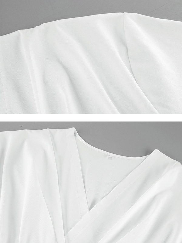 Robe chemise ample plissée à manches longues, à empiècements, à taille nouée, à col en V, couleur unie