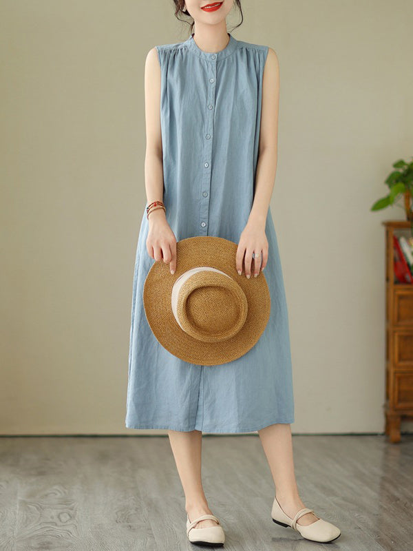 Robe mi-longue boutonnée plissée coupe trapèze, sans manches, à col rond, couleur unie