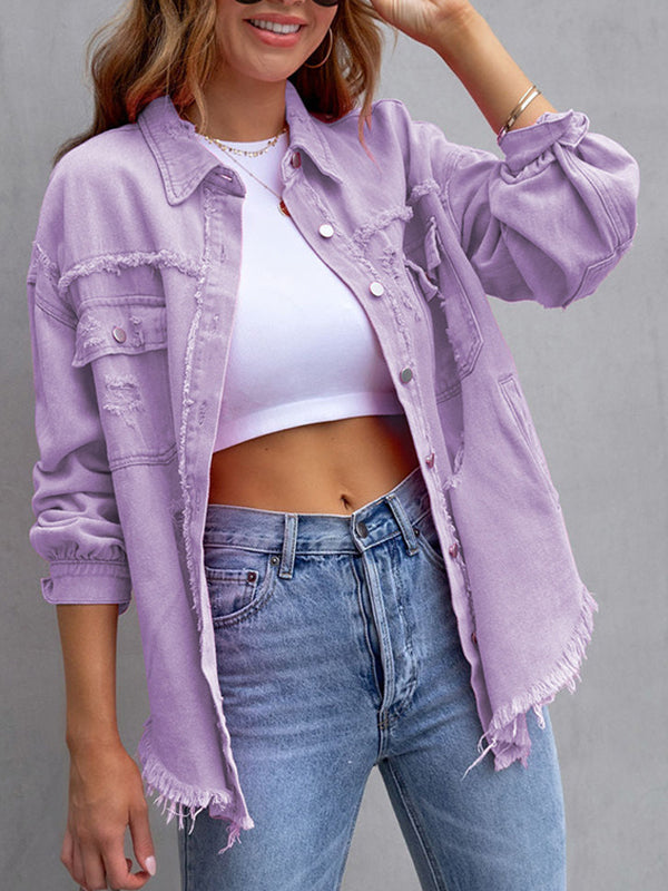 Veste ample à manches longues, à franges, à poches, à col revers