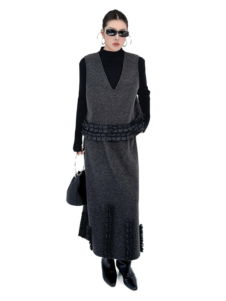 Ensemble deux pièces volanté plissé à empiècements, à col en V, à taille élastique, taille haute, couleur contrastée – débardeur + jupe