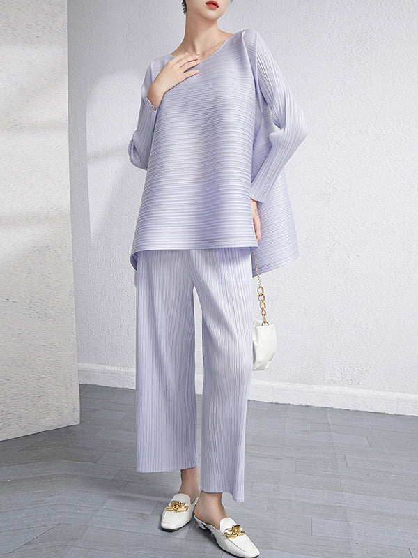 Ensemble deux pièces ample plissé à ourlet plongeant, à col rond, couleur unie – t-shirt + pantalon