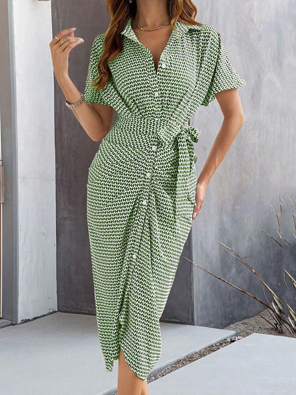 Robe mi-longue moulante boutonnée à manches mi-longues, à taille nouée, à col revers, couleur contrastée