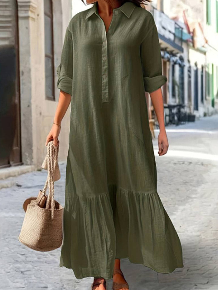 Robe longue boutonnée plissée coupe trapèze, à manches longues, à empiècements, à col revers, couleur unie