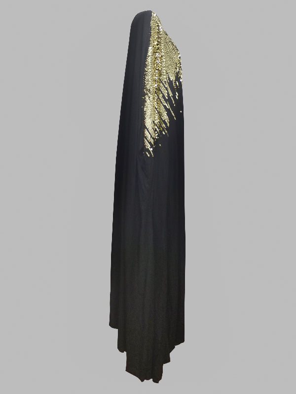 Robe longue ample à manches longues, à strass, à col rond