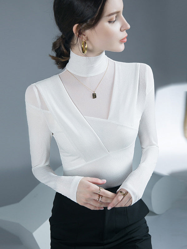 Blouses à manches longues, moulantes, asymétriques, en maille transparente brillante, fendues, à col roulé court
