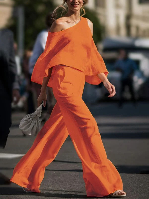 Pantalon ample à jambes larges, à poches, couleur unie