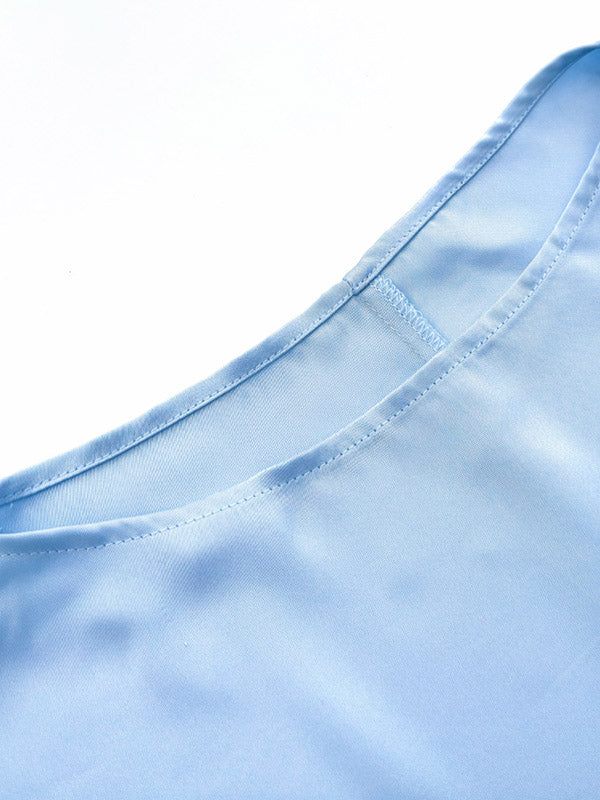 Ensemble deux pièces ample à empiècements, à col bateau, à manches longues, couleur unie – chemisier + chemise + jupe