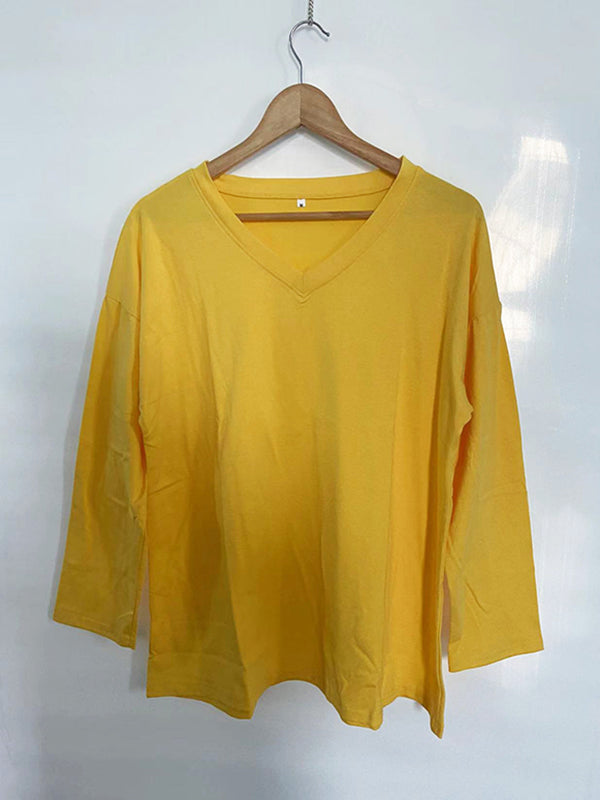 T-shirt ample transparent à manches longues, à empiècements, à col en V, couleur unie
