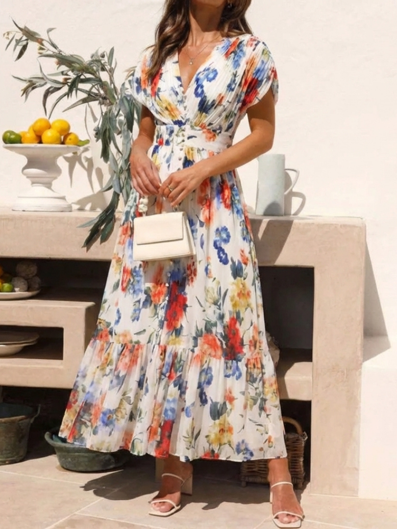 Savannah | Robe midi florale à manches courtes et plissée