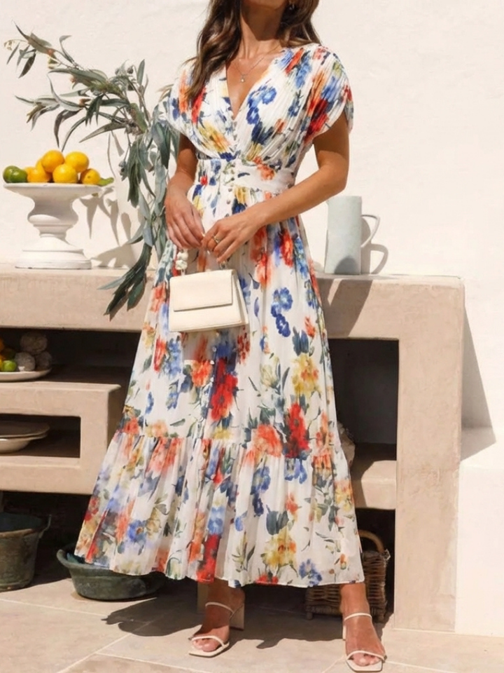 Savannah | Robe midi florale à manches courtes et plissée
