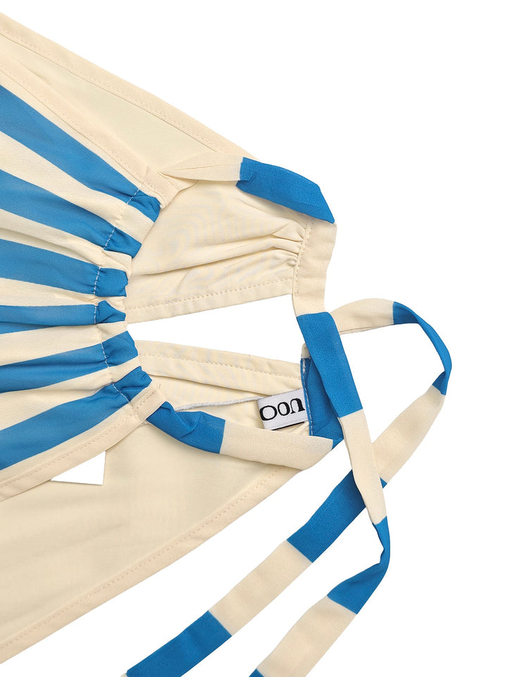 Robe longue ample plissée rayée coupe trapèze, à col licou, couleur contrastée