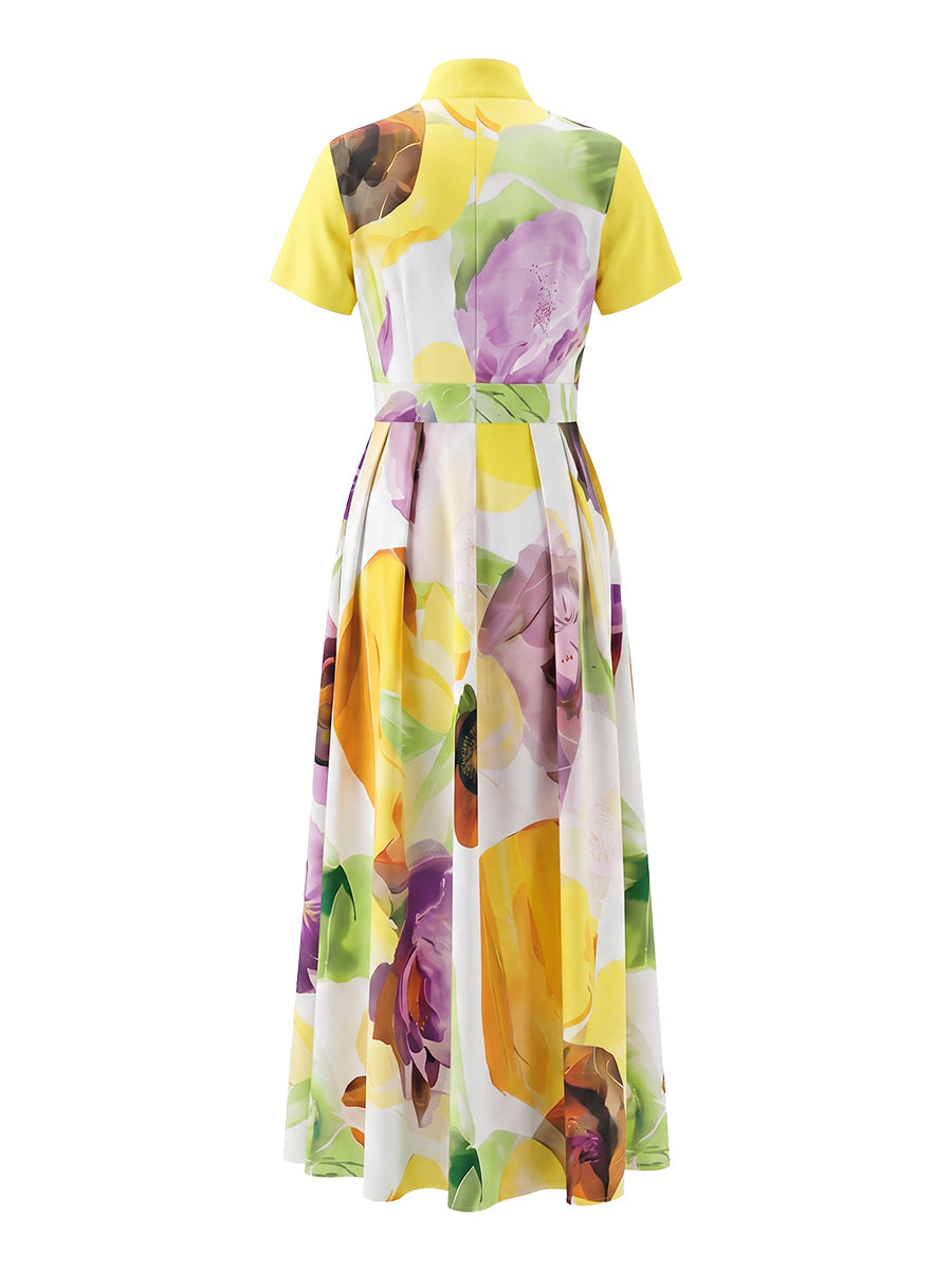 Robe longue ample plissée imprimée coupe trapèze, à poches, à fermeture éclair, à col montant