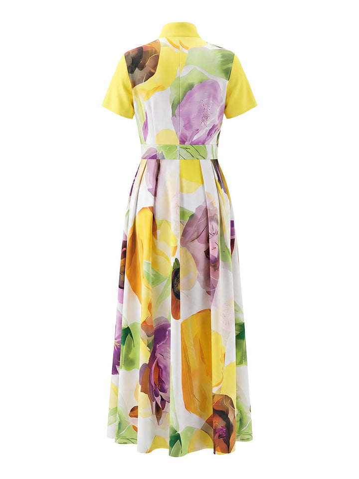 Robe longue ample plissée imprimée coupe trapèze, à poches, à fermeture éclair, à col montant