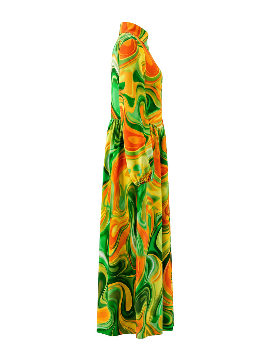 Robe longue imprimée plissée ample à poches, à manches longues, à col montant, couleur contrastée