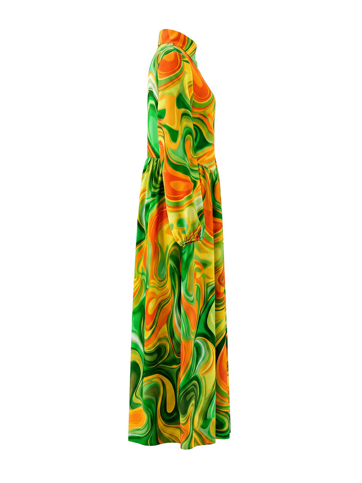 Robe longue imprimée plissée ample à poches, à manches longues, à col montant, couleur contrastée
