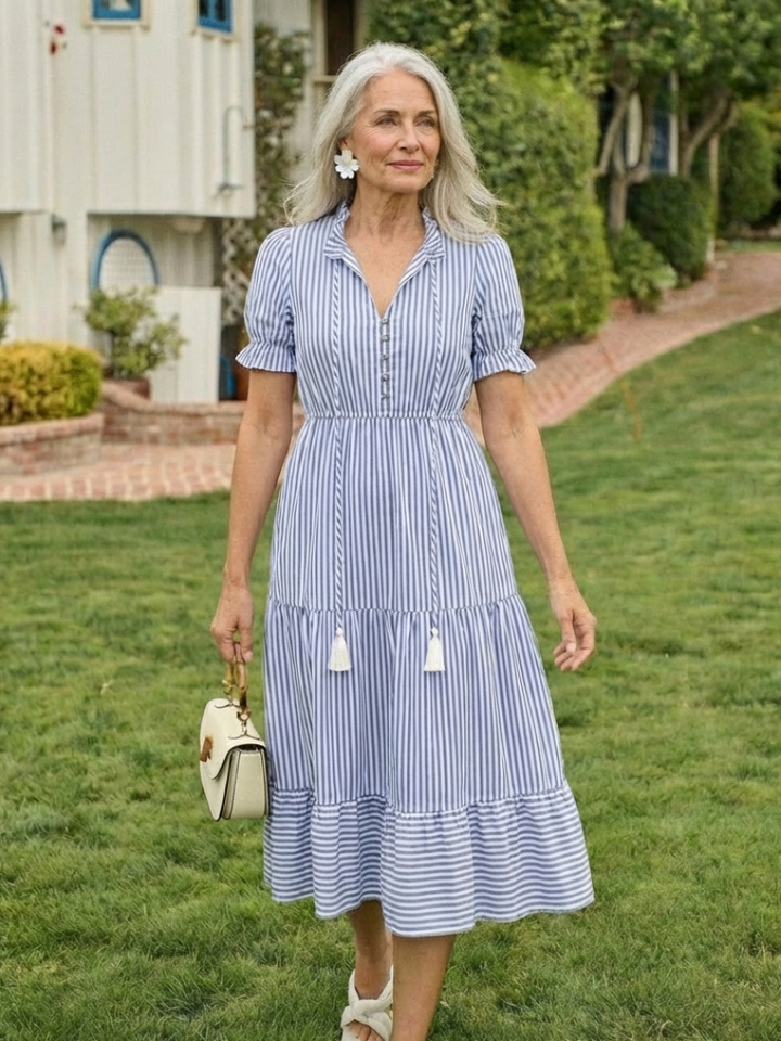 Dakota | Robe midi à manches courtes et à rayures superposées
