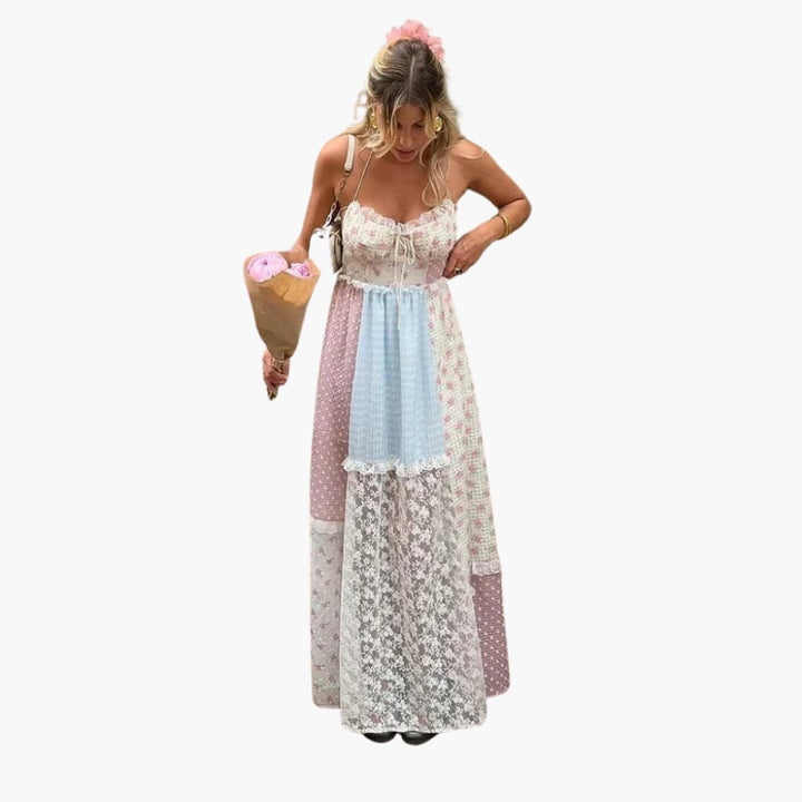 Robe Maxikleid Patchwork - Robe d'été pour femmes avec bretelles spaghetti