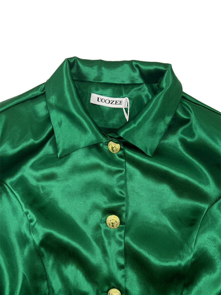 Chemisier boutonné volanté à taille élastique, taille haute, à empiècements, à col revers, couleur contrastée