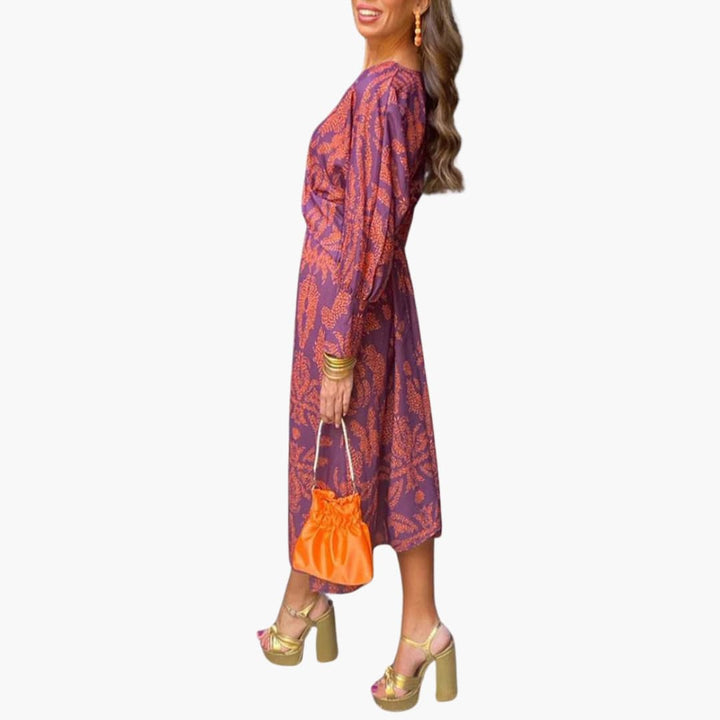 Robe midi pour femmes - Motif floral, manches longues & décolleté en V