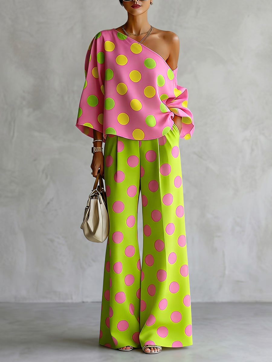Chemise ample à manches longues, à pois, asymétrique à une épaule