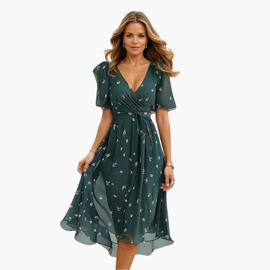 Robe midi pour femmes - Élégante, motif floral & décolleté en V