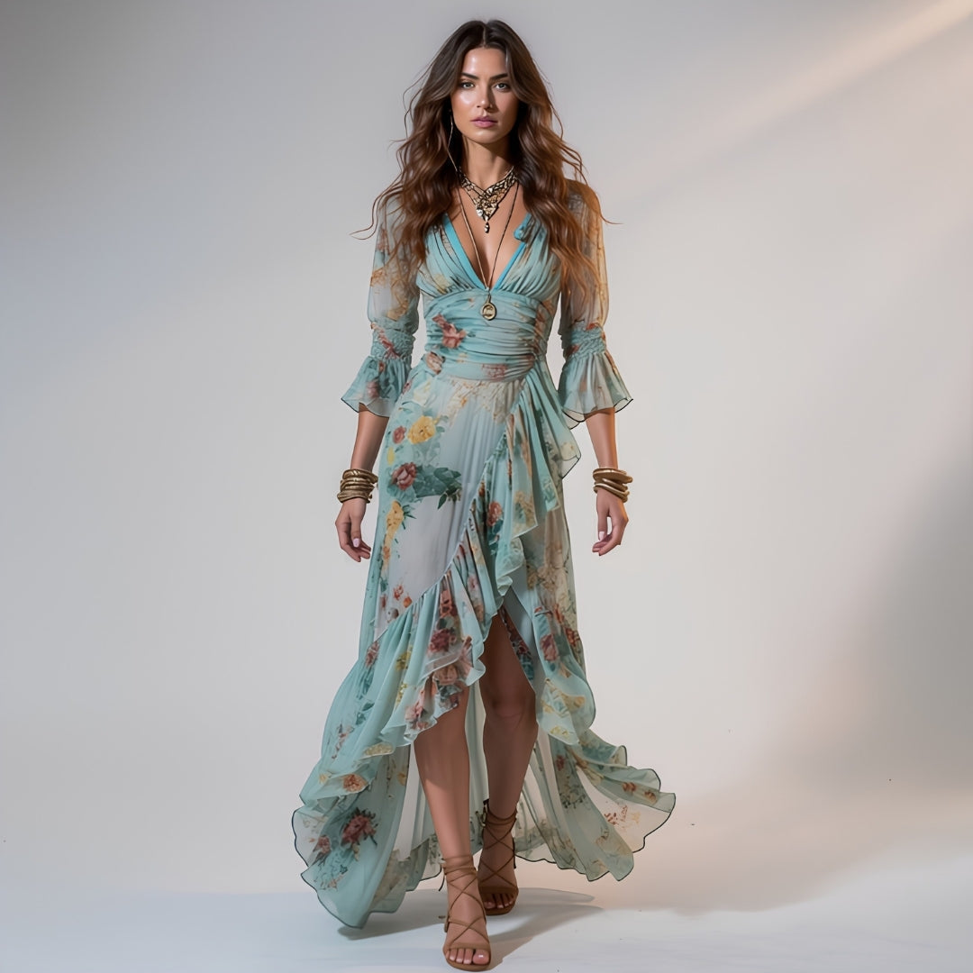 Serena | Robe maxi en chiffon floral avec volants