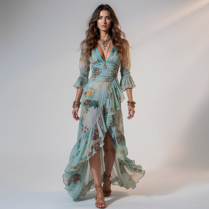 Serena | Robe maxi en chiffon floral avec volants