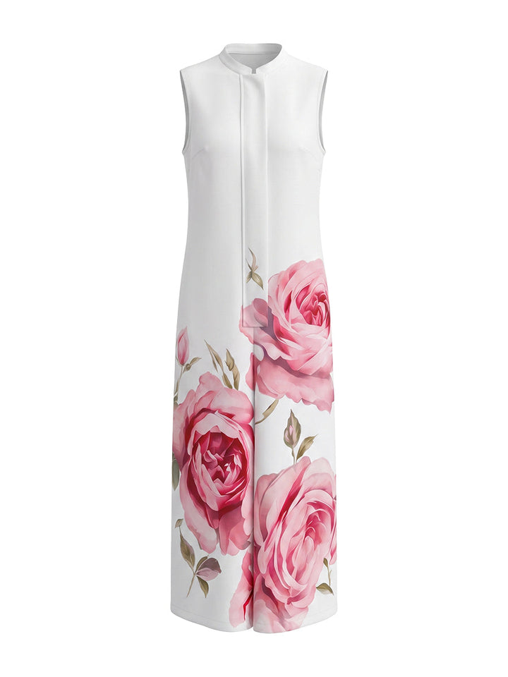 Combinaison ample plissée taille haute, à imprimé floral, à poches, à col rond