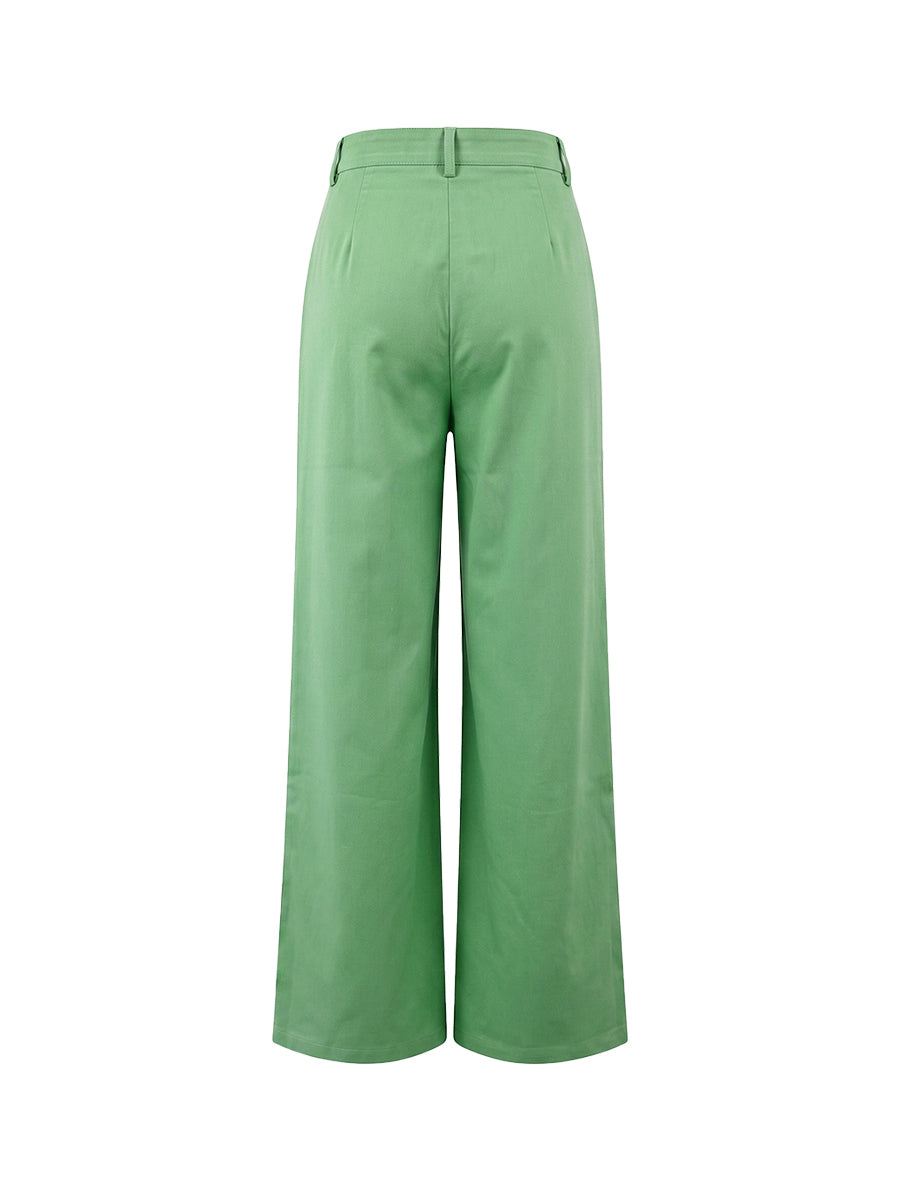Pantalon boutonné à poches, à taille élastique, à jambes larges, taille haute, couleur unie