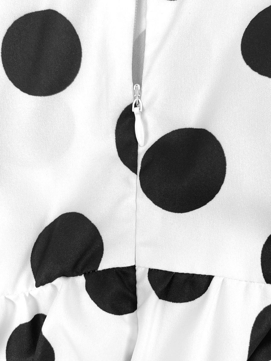 Robe chemise boutonnée coupe trapèze, à manches mi-longues, à taille élastique, à pois, à col revers, couleur contrastée