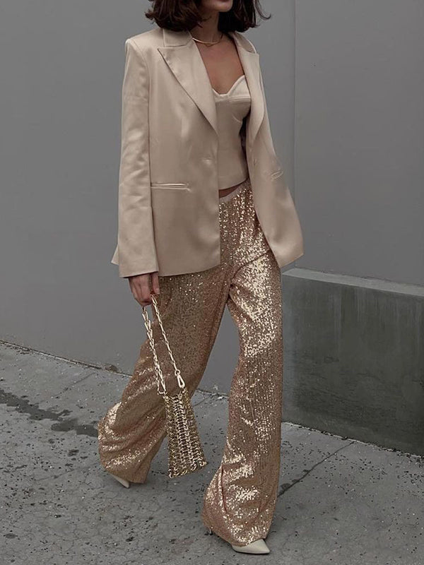 Pantalon ample brillant à jambes droites, à taille élastique, à sequins, à empiècements