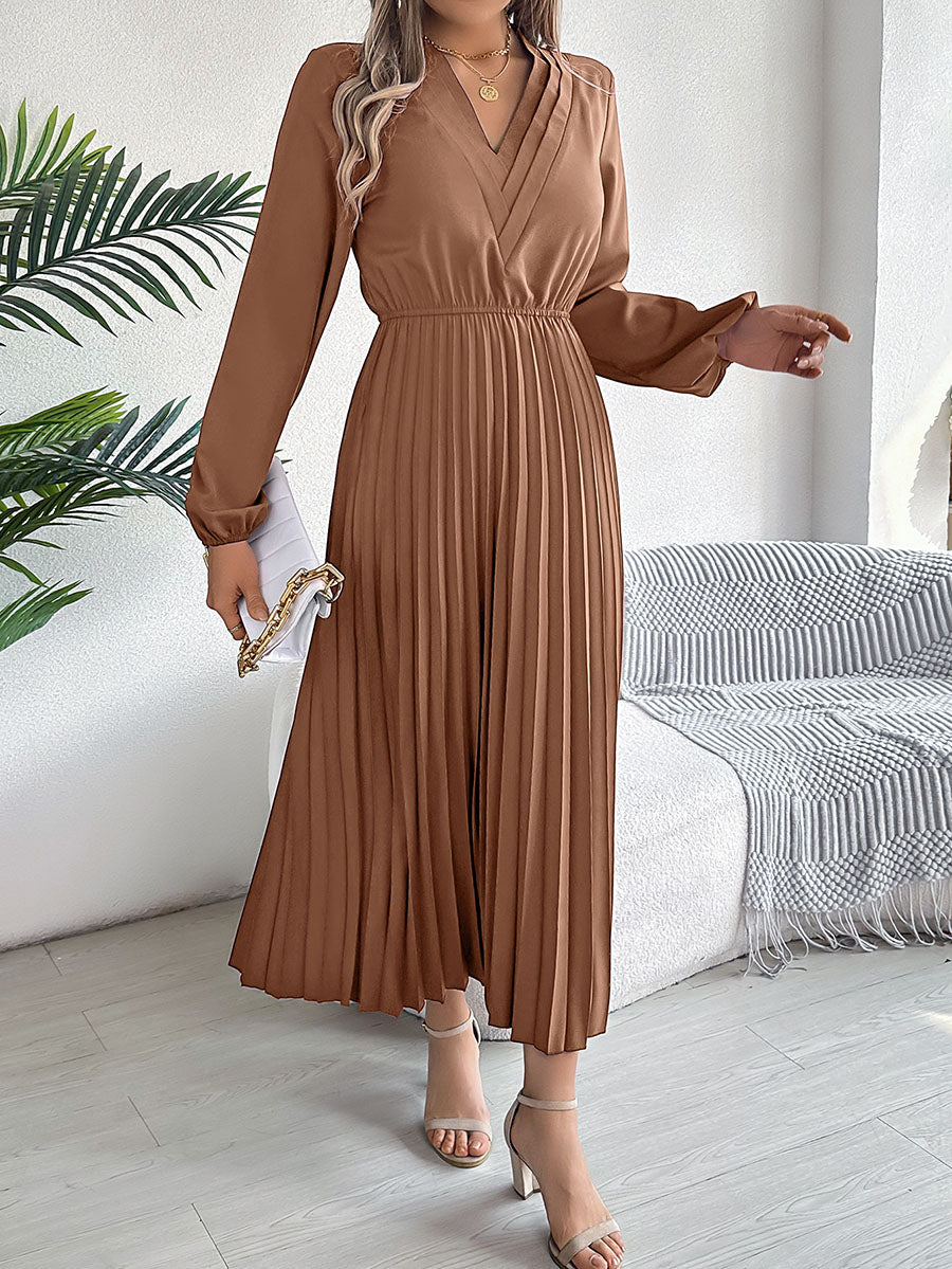 Robe longue plissée coupe trapèze, taille haute, à taille élastique, à col en V, couleur unie