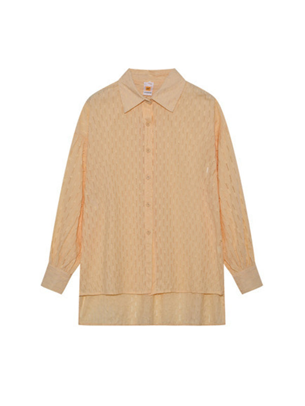 Ensemble deux pièces boutonné à ourlet plongeant, à manches longues, en jacquard, à col revers, couleur unie – chemise + haut + short