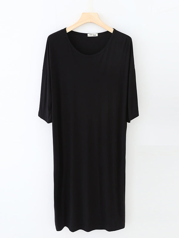 Robe de pyjama ample à taille haute, couleur unie, fendue, col rond