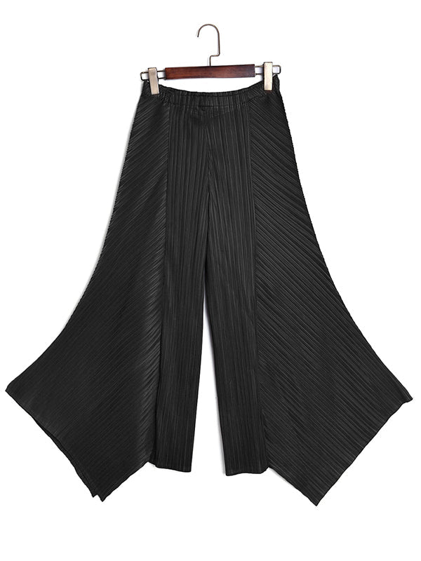 Pantalon ample original à jambes larges plissées irrégulières de couleur unie