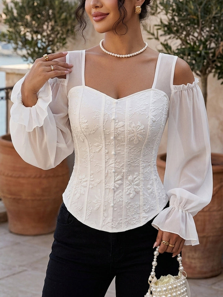Chemisier ajouré à manches évasées, à manches longues, à taille élastique, en jacquard, à empiècements, à épaules ajourées, couleur unie