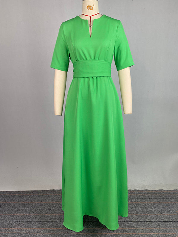 Robe longue à manches mi-longues, taille haute, à taille nouée, à col en V, couleur unie