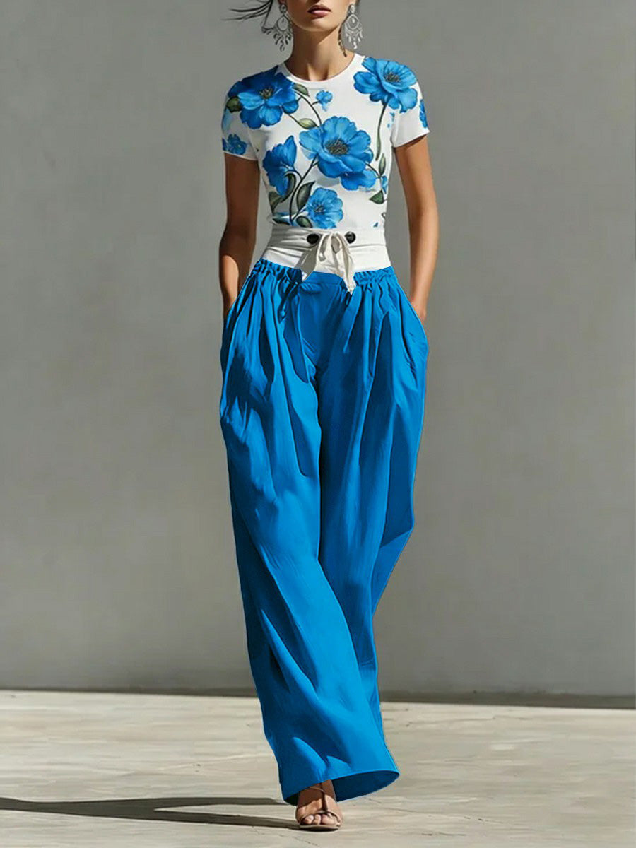 Pantalon boutonné plissé taille haute, à jambes larges, à poches, à empiècements, à taille nouée, couleur contrastée