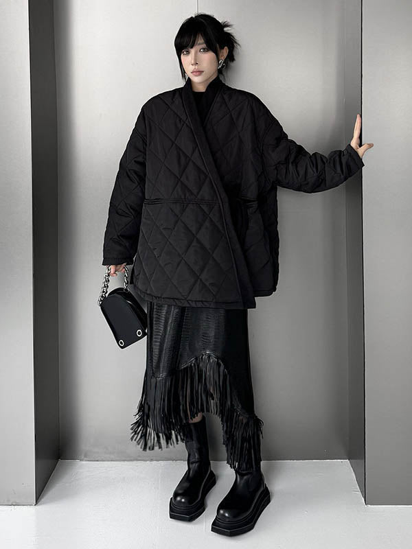 Manteau rembourré à manches longues, ample, à carreaux, couleur unie, à empiècements, noué, sans col, vêtements d'extérieur
