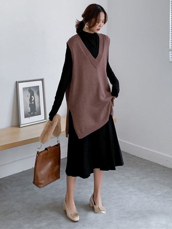 Gilet tricoté sans manches à la mode, fendu sur le côté, couleur unie, col en V