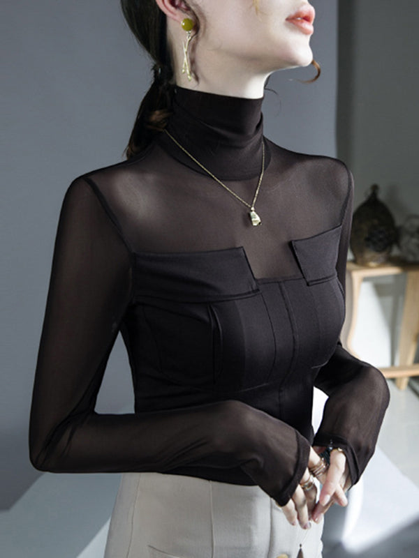Chemisier transparent à manches longues, coupe près du corps, à empiècements, à col haut, couleur unie