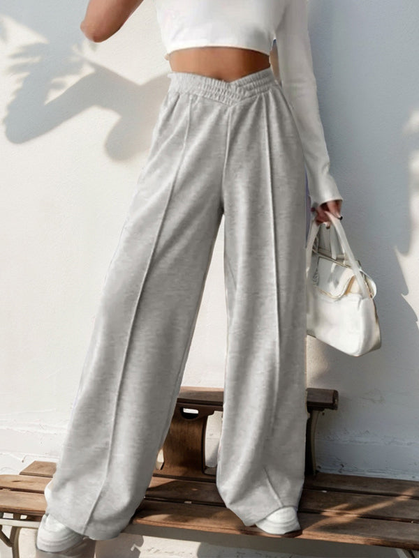 Pantalon ample taille haute, à taille élastique, couleur unie