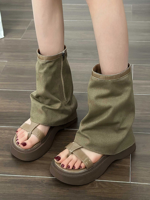 Bottes à fermeture éclair creuses à empiècements et à bout fendu, chaussures à plateforme, sandales