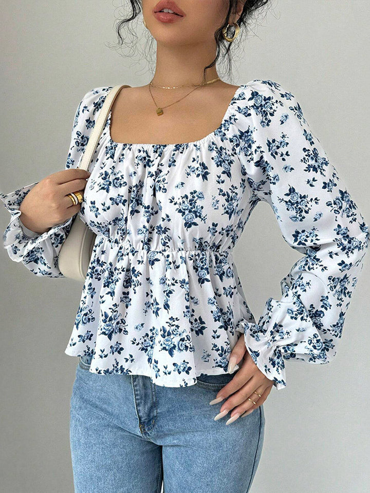 Chemisier plissé volanté à taille élastique, taille haute, à imprimé floral, à empiècements, à col carré, couleur contrastée