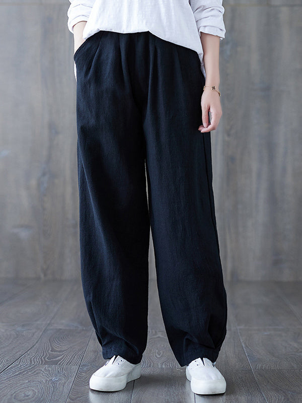 Pantalon simple ample décontracté à jambes larges, à taille élastique, couleur unie