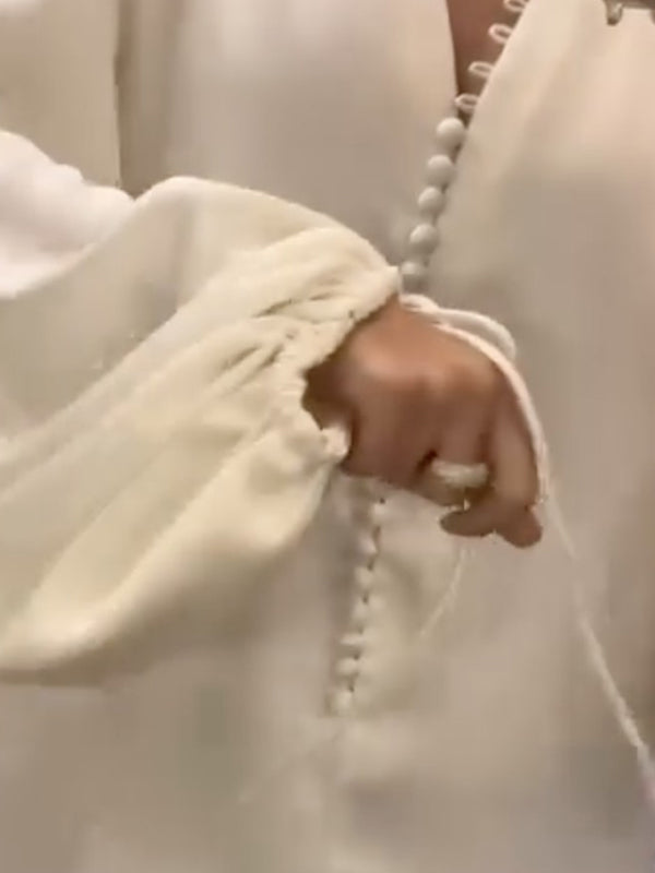 Robe chemise ample à manches bouffantes, à cordon de serrage, à empiècements, à col en V, couleur unie