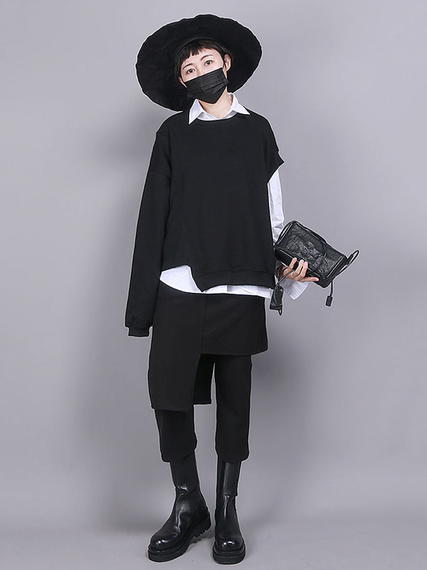 Jupe-culotte noire asymétrique taille empire, effet deux pièces