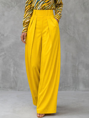 Pantalon plissé ample à poches, sans ceinture, à jambes larges, couleur unie